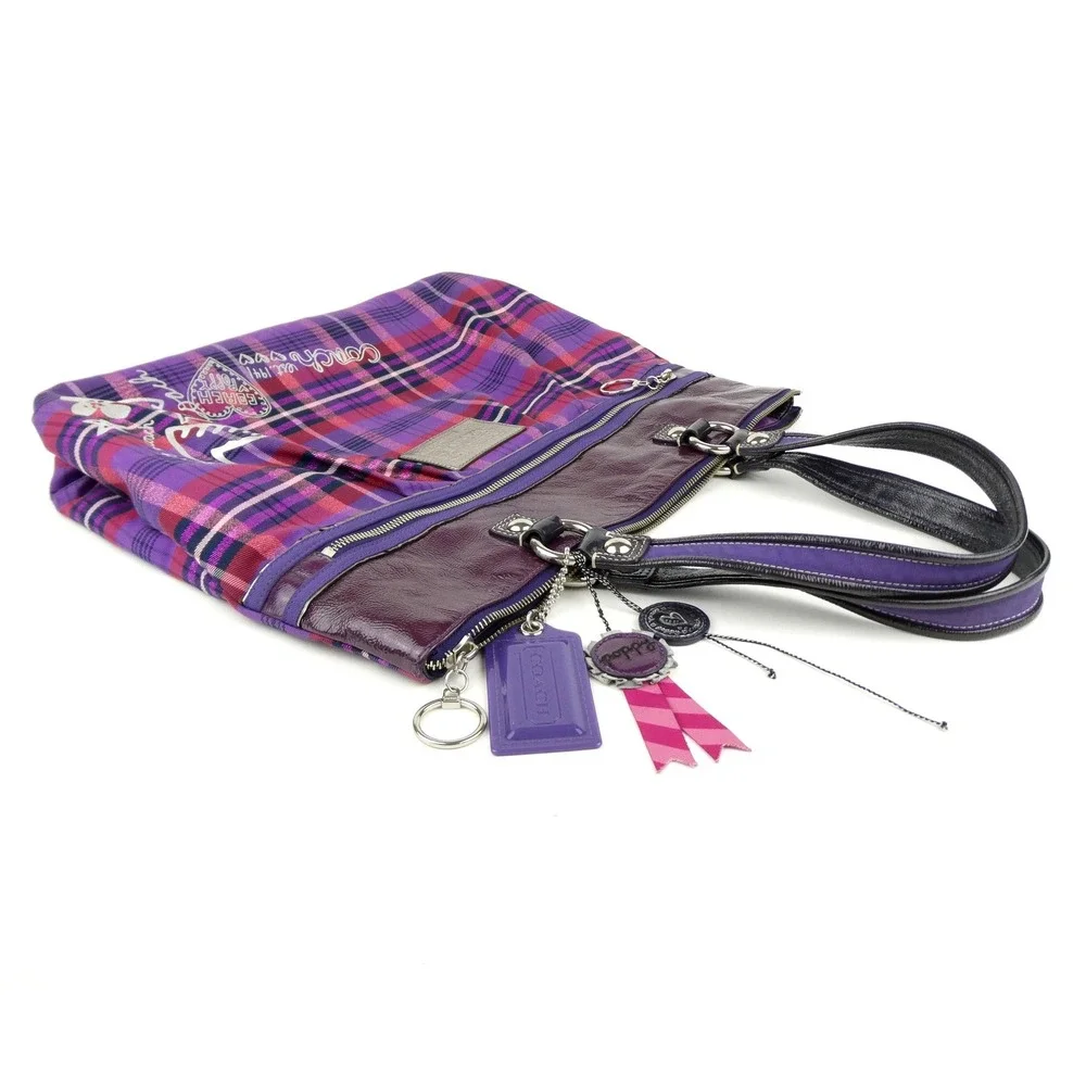 Coach Poppy Purple Plaid Large Shoulder Bag Tote 15886